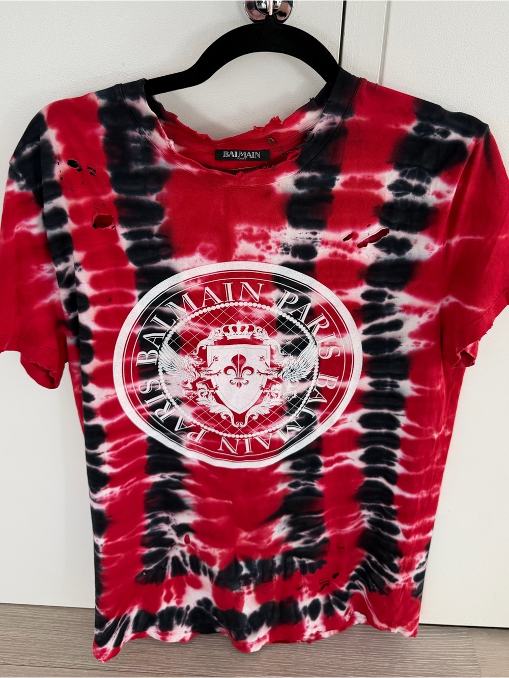 Balmain Red & Black Tie-Dye Logo Tee with White Crest